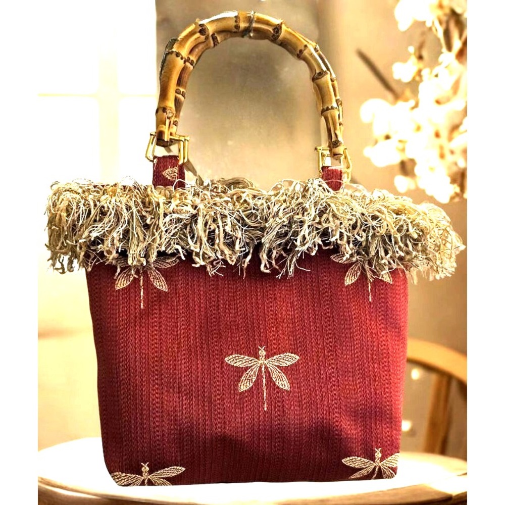 Womens Handbag w Bamboo Top Handle Dragonfly Fringe Bohemian Oriental Purse Tote